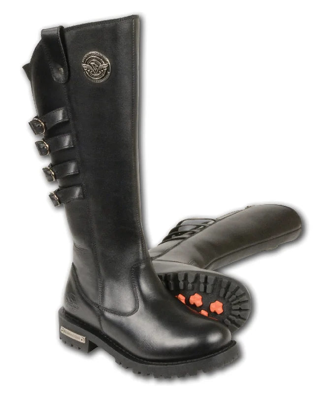 Personalized Design Women's Motorcycle Leather 15 inch High Rise Leather Boot with 4 Calf Buckles Personalized Design Women's Motorcycle Leather 15 inch High Rise Leather Boot with 4 Calf Buckles