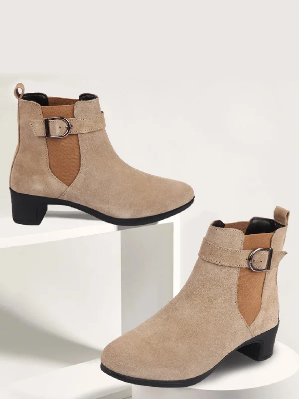High Street Design Women Cheeku Flared Heel High Ankle Suede Leather Classic Winter Buckle Strap Chelsea Boots