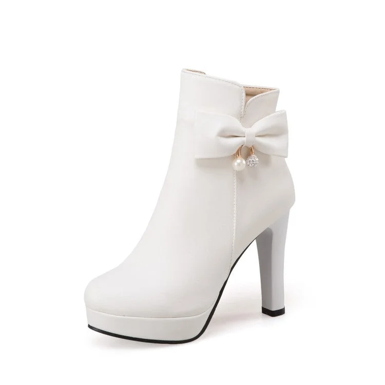 Fresh And Elegant Pearl Bow High Heels Boots for Women 2425