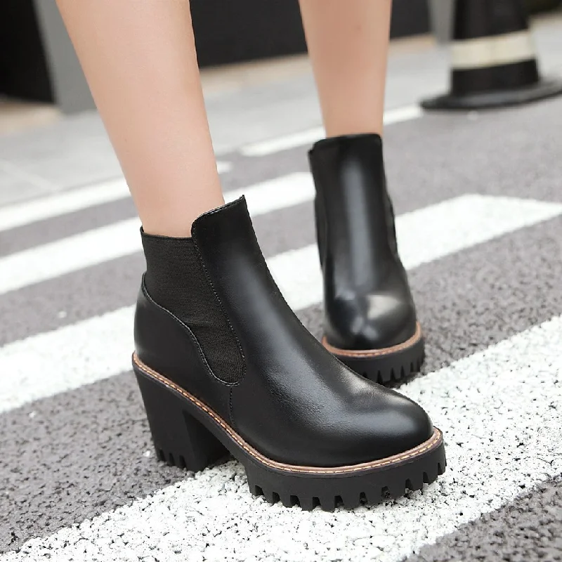 High-quality Design Round Toe Pu Leather High Heels Ankle Boots Thick Heel Women Shoes 76078849