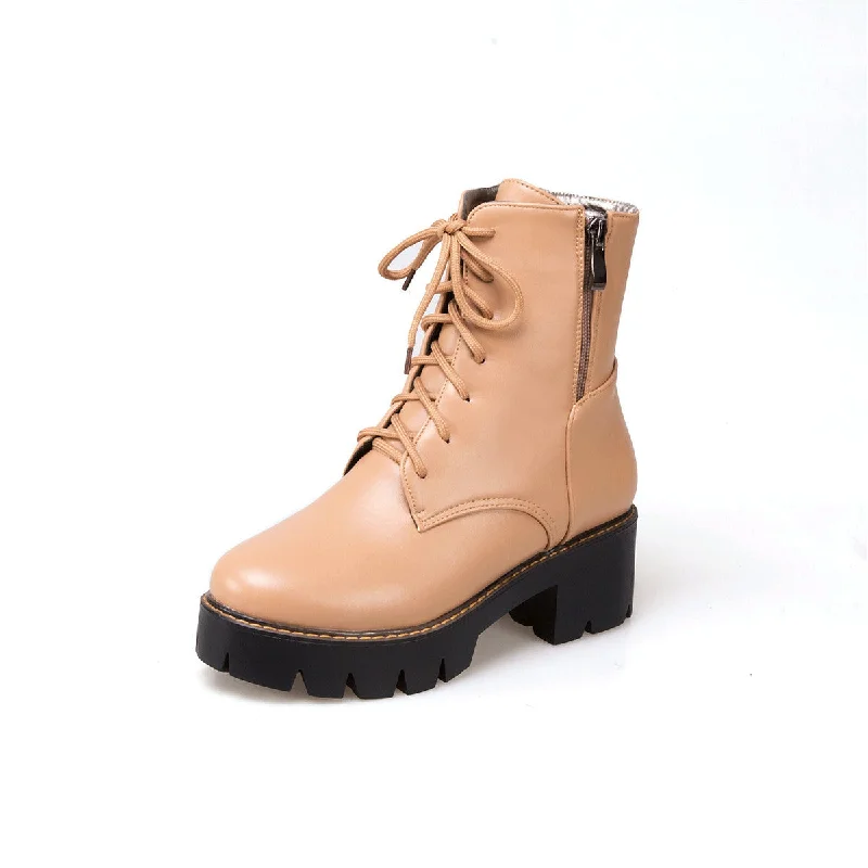 Breathable Design Zip Lace Up Chunky Heeled Platform Motorcycle Boots 7976