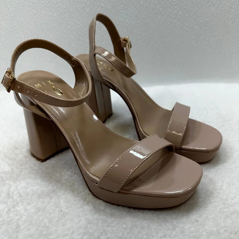 Lace Design Tan Shoes Heels Block Mix No 6, Size 6