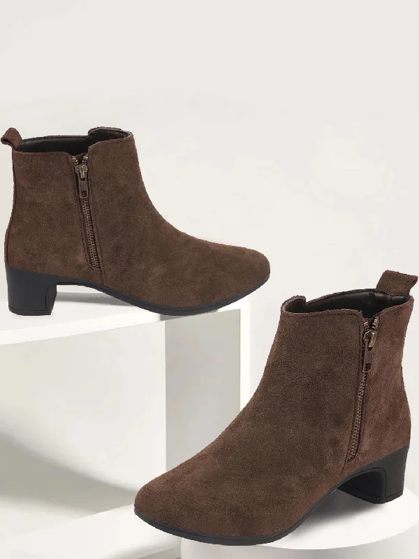 Personalized Wear Women Brown Flared Heel Mid Top Suede Leather Zipper Closure Winter Chelsea Boots