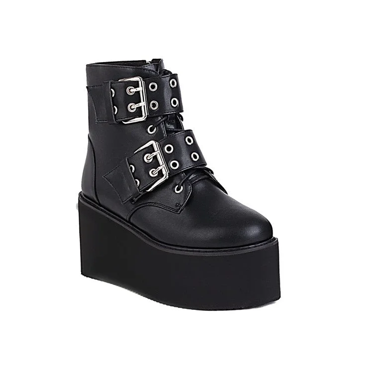 Versatile Itinerary Booties Glossy Round Toe Double Buckle Straps Wedge Heel Platform Short Boots for Women