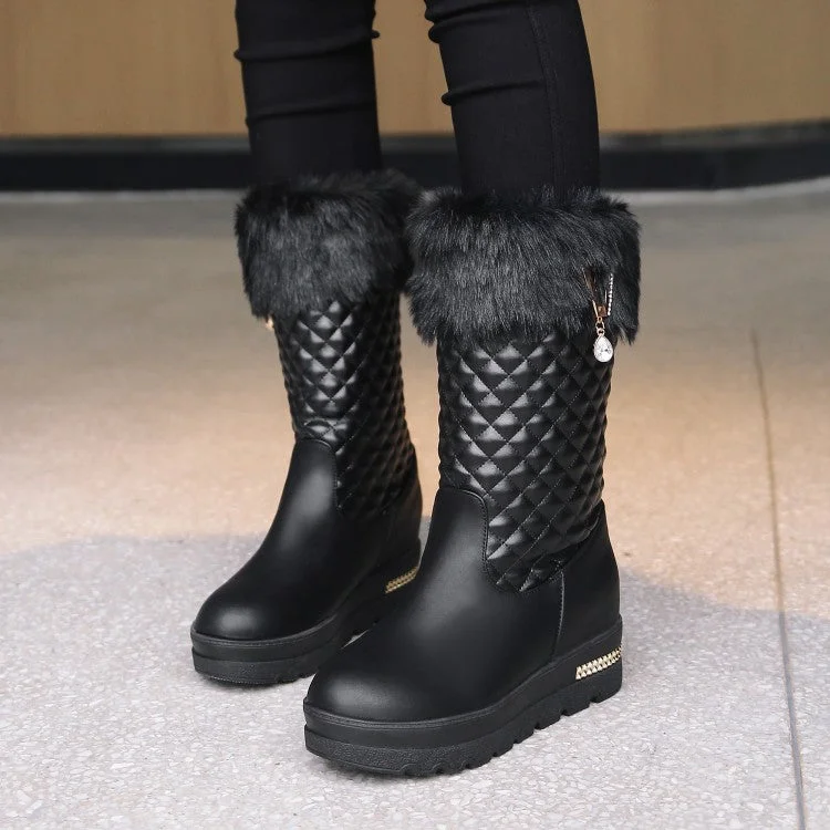 Exquisite Embroidery Fur Snow Boots Sequined Platform Wedges Shoes Woman
