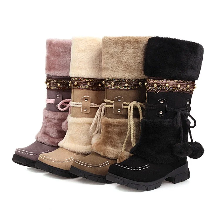 Fashionable Inner Wear Flock Round Toe Stitch Fur Ball Fold Rivets Block Chunky Heel Platform Mid-Calf Boots for Women