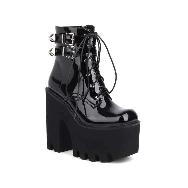 High Street Design Glossy Square Toe Lace Up Buckle Straps Block Chunky Heel Platform Ankle Boots for Women High Street Design Glossy Square Toe Lace Up Buckle Straps Block Chunky Heel Platform Ankle Boots for Women