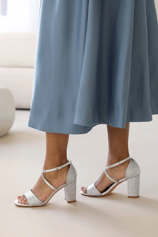 Fresh And Fashionable RUTH MID HIGH BLOCK HEEL SANDALS WITH CROSS OVER ANKLE STRAP IN SILVER