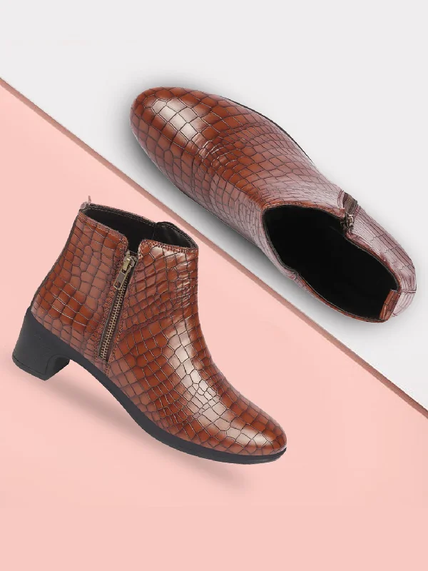 Fashion Must-have Women Tan Flared Heel Mid Top Leopard Print Embossed Design Side Zipper Classic Boots