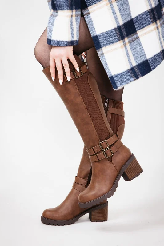 Lace Design Soda Lita Tall Buckle Lug Boots for Women in Tan | LITA-S TAN
