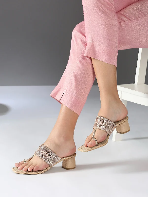 Classic Style Women Rose Gold Embellished One Toe Block Heels