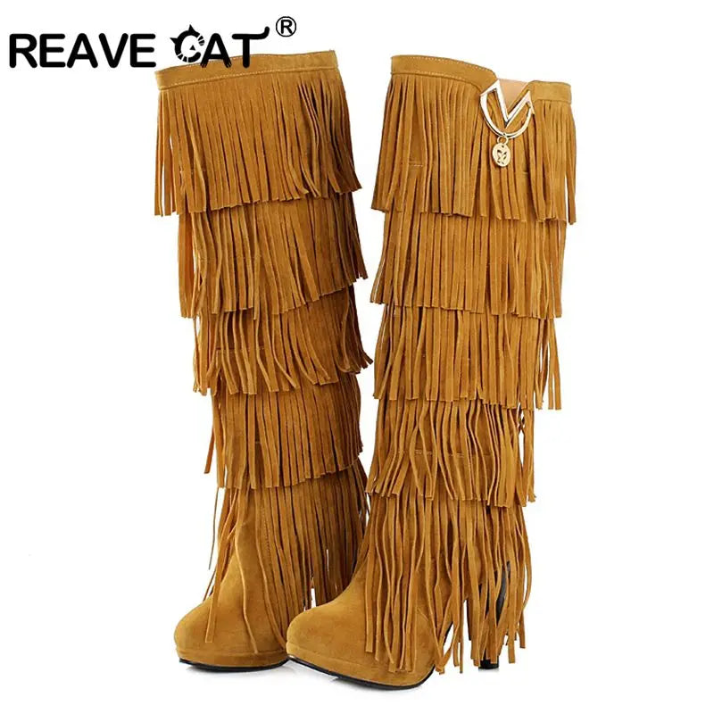 Multifunctional Style New Flock Plus Size Fringe Tassel Winter High Heel Bootsl