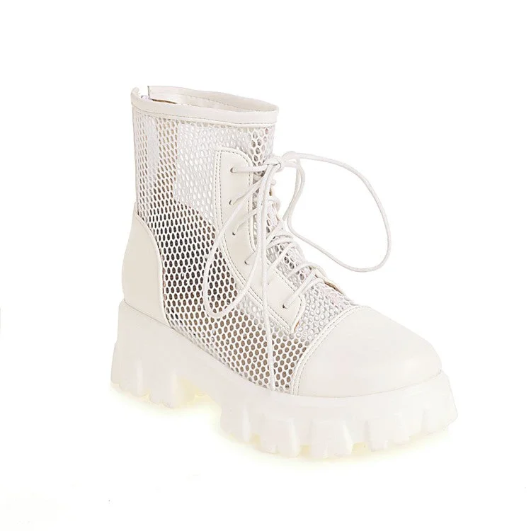 High-quality Styles Mesh Lace Up Back Zippers Block Chunky Heel Platform Short Boots for Women