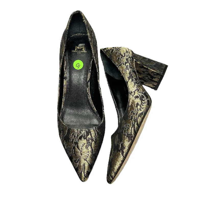 Fresh And Fashionable Black & Gold Shoes Heels Block By Marc Fisher, Size: 10