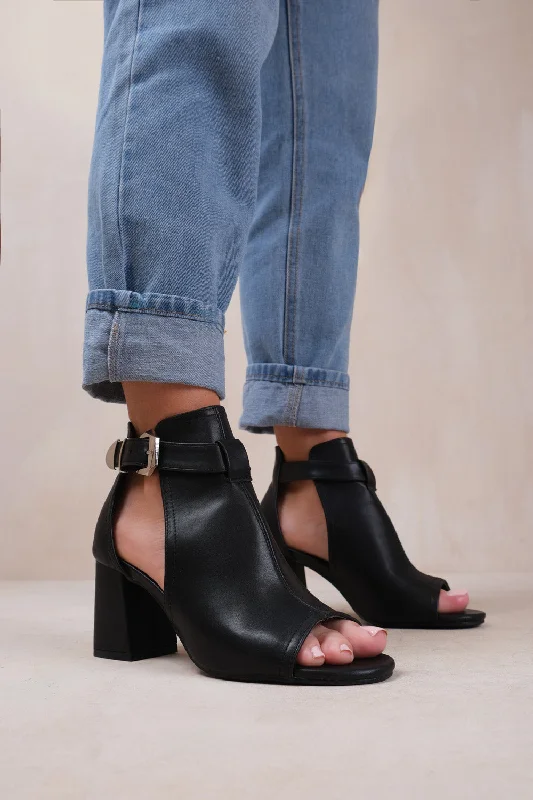 Dressing Tips LISA BLOCK HEEL WITH SIDE BUCKLE AND OPEN TOE FRONT IN BLACK FAUX LEATHER Dressing Tips LISA BLOCK HEEL WITH SIDE BUCKLE AND OPEN TOE FRONT IN BLACK FAUX LEATHER