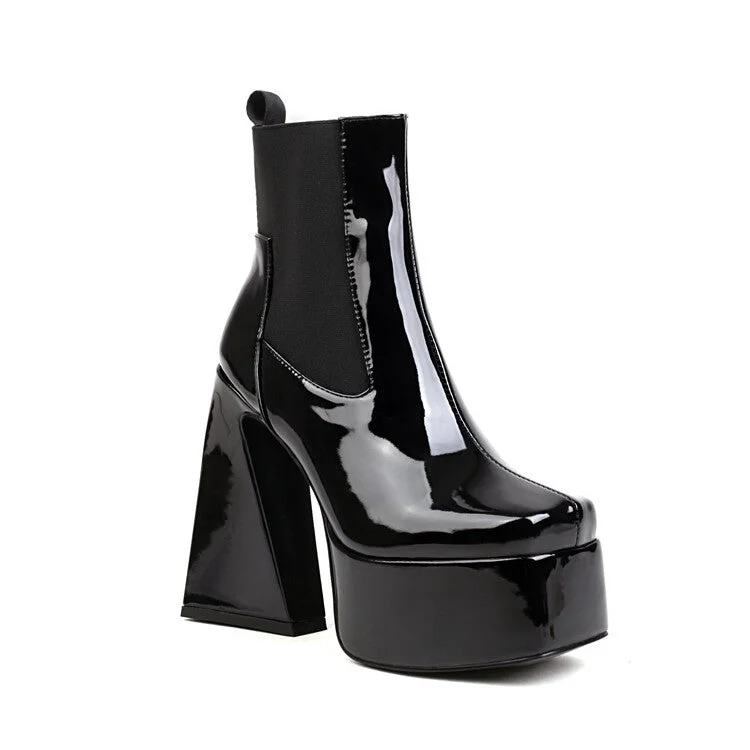 Body Design Glossy Square Toe Stretch Block Chunky Heel Platform Ankle Boots for Women Body Design Glossy Square Toe Stretch Block Chunky Heel Platform Ankle Boots for Women