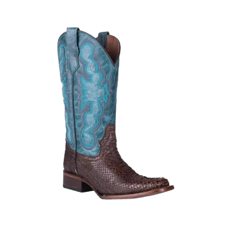 Classic Items Corral Circle G Women's Python Embroidery Square Toe Chocolate Blue Boots