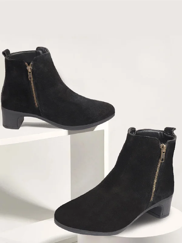 Artistic Temperament Women Black Flared Heel Mid Top Suede Leather Zipper Closure Winter Chelsea Boots