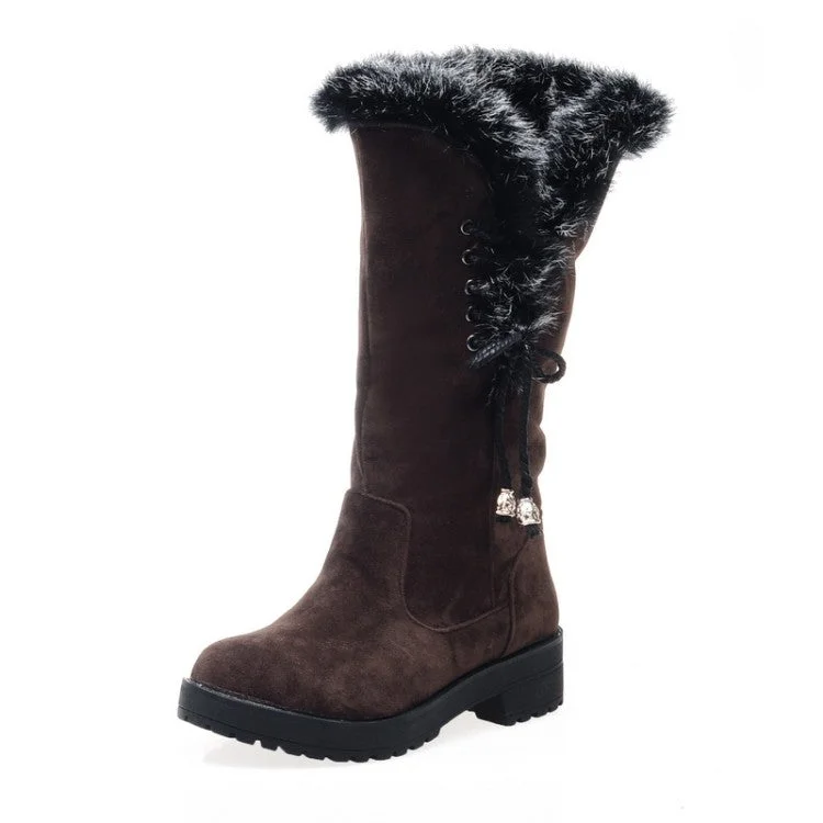 Comfortable Wear Flock Round Toe Lace-Up Block Chunky Heel Mid-Calf Boots for Women