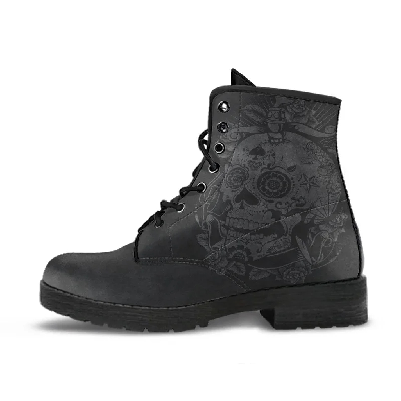 Classic Style Grey Skull - Vegan Leather Boots