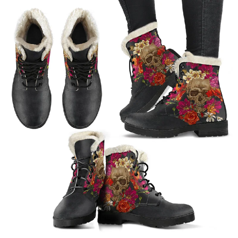 Youthful Style Skull and Flowers - Fur Vegan Boots