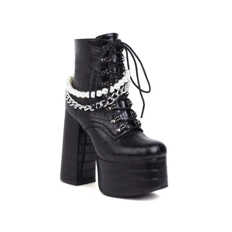 Youthful Style Pu Leather Lace Up Metal Pearls Chains Block Chunky Heel Platform Riding Ankle Boots for Women