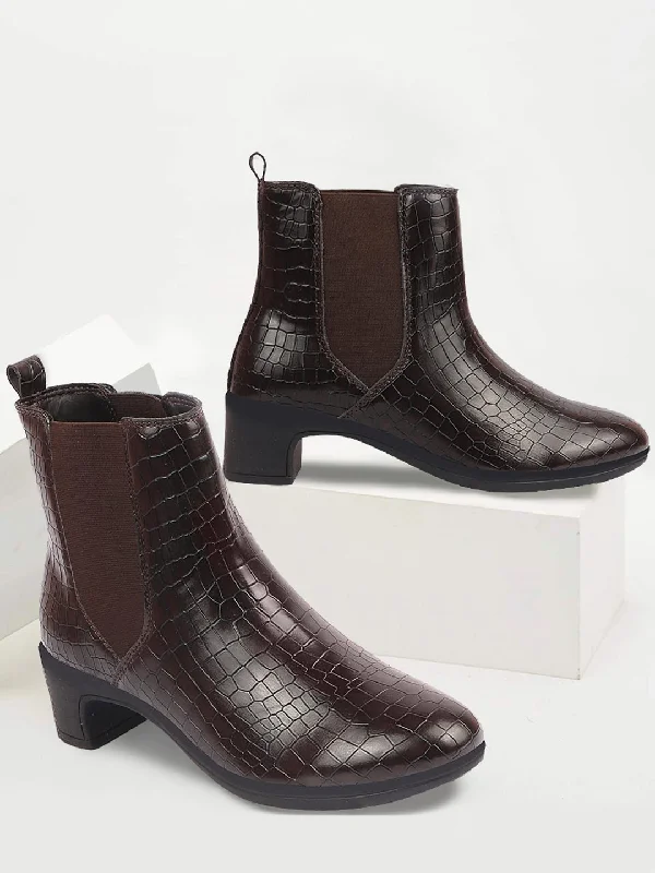 Tropical Style Women Brown Flared Heel High Ankle Leopard Print Embossed Design Chelsea Boots
