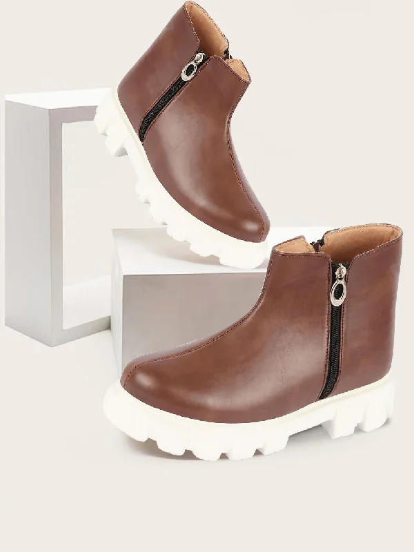 High Street Series Women Brown Outdoor High Top Chunky Side Zipper Office Work Boots