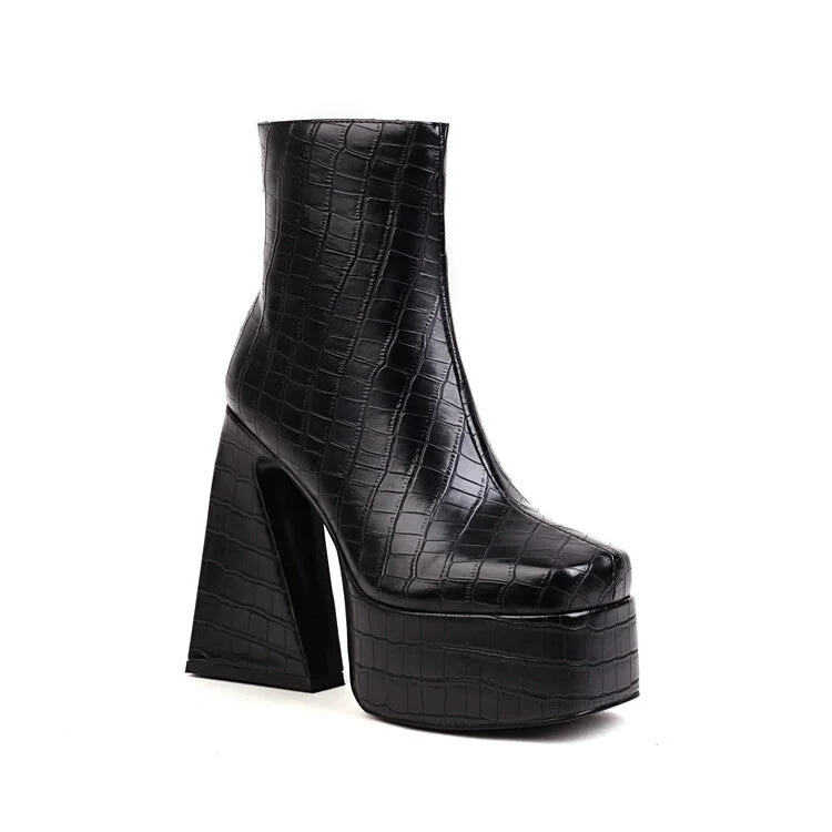 Minimal Style Pu Leather Square Toe Side Zippers Triangle Heel Platform Ankle Boots for Women