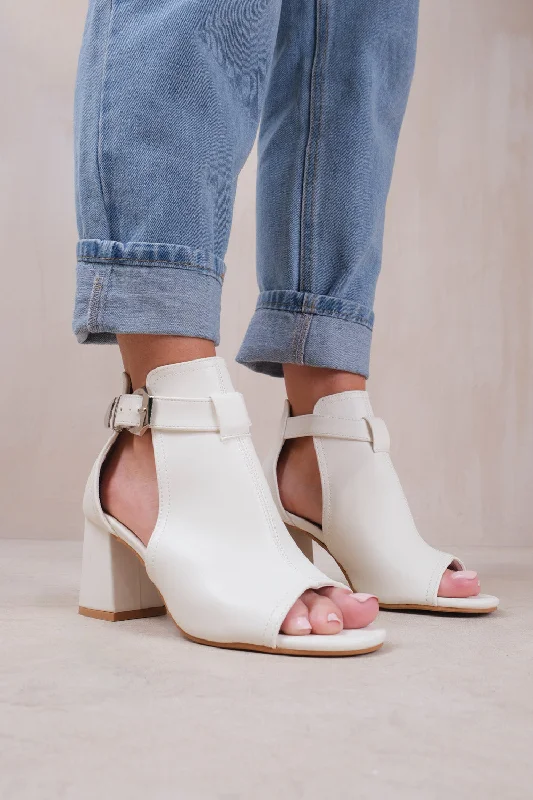Celebrity Style LISA BLOCK HEEL WITH SIDE BUCKLE AND OPEN TOE FRONT IN WHITE FAUX LEATHER Celebrity Style LISA BLOCK HEEL WITH SIDE BUCKLE AND OPEN TOE FRONT IN WHITE FAUX LEATHER