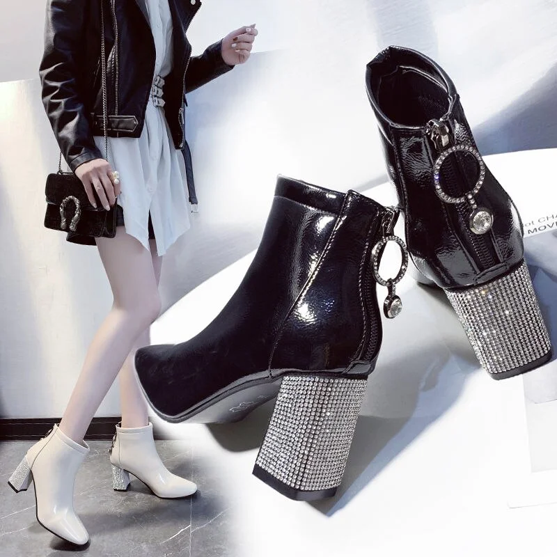 Lace Design Rhinestone Chunky Heel Ankle Boots