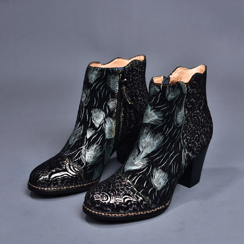 Unique Prints Autumn Winter Leather High-Heeled Vintage Women Boots |Gift Shoes 36-42