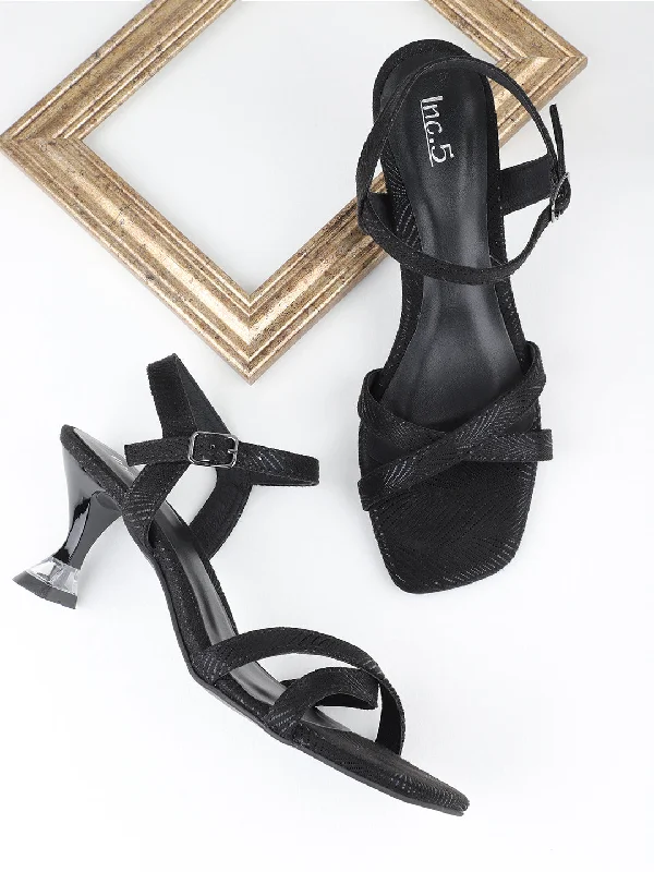Creative Prints Women Black Buckle Closure Metallic Printed Kitten Heels