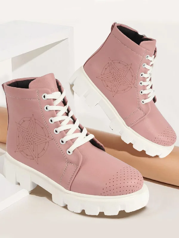 Fashionable Inner Wear Women Peach Outdoor Winter High Top Chunky Lace Up Casual Boots