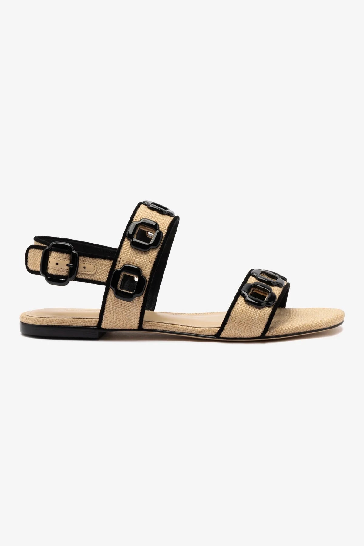 Exquisite Details Milan Flat Sandal In Beige Raffia and Black Trimming