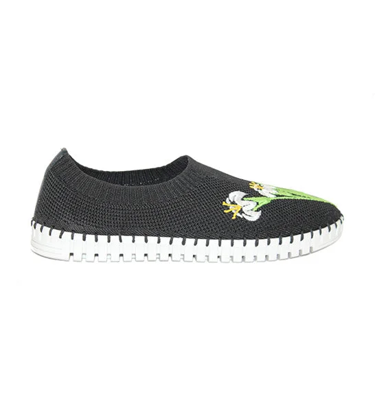 Personal Design Lucy Stretch Sneaker in Black Floral Embroidered CLOSEOUTS