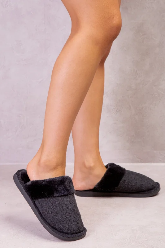 Exquisite Embroidery JUMANAH SLIP ON KNITTED TEDDY FAUX FUR LINED SLIPPERS IN BLACK WOVEN Exquisite Embroidery JUMANAH SLIP ON KNITTED TEDDY FAUX FUR LINED SLIPPERS IN BLACK WOVEN