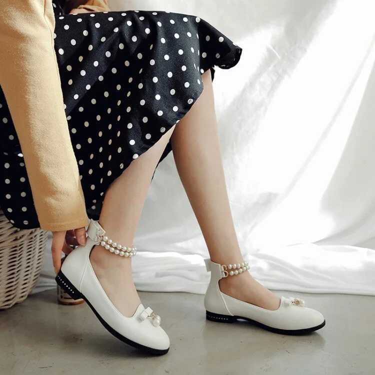 Modern Tailoring Women's Round Toe Pearls Bow Tie Shallow Ankle Strap Rhinestone Flat Pumps