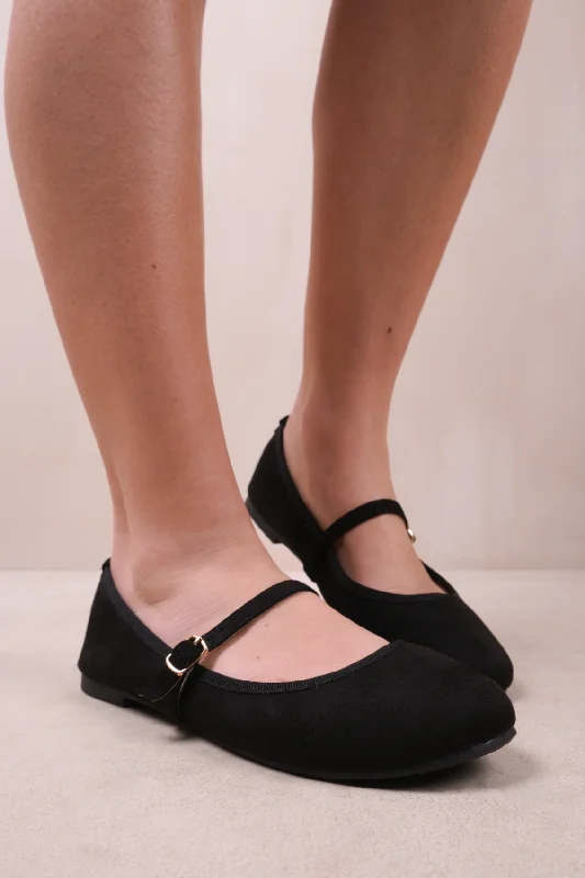 Elegant Wear JOSIE BALLERINA FLATS WITH STRAP DETAIL IN BLACK SUEDE