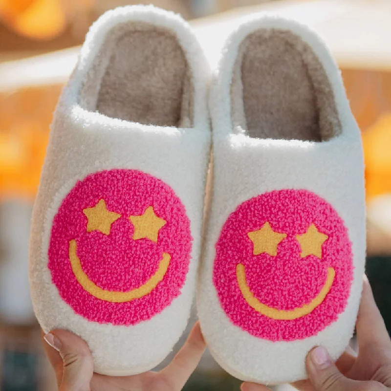 Fresh And Capable Hot Pink Star Eyed Valentine's Day Happy Face Slippers: White
