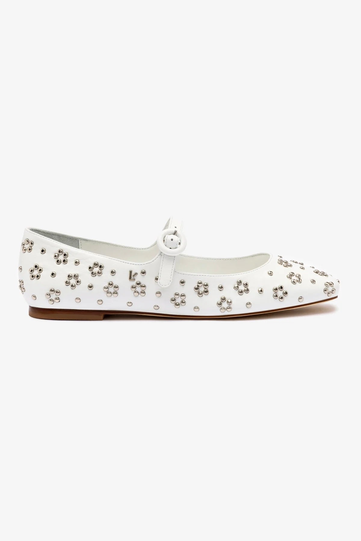 Floral Prints Blair Ballet Flat In White Leather and Metallic Studs