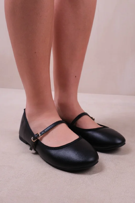 Creative Prints JOSIE BALLERINA FLATS WITH STRAP DETAIL IN BLACK FAUX LEATHER