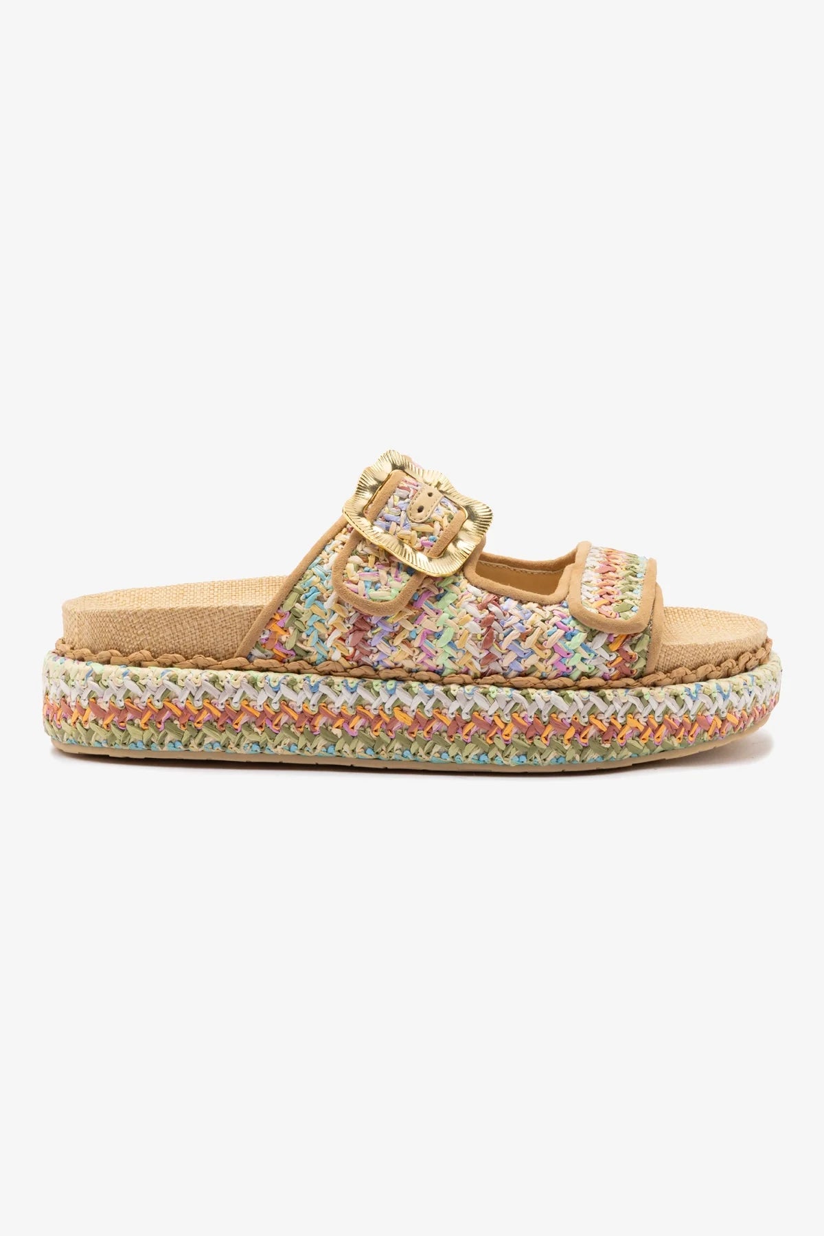 Refreshing Design Maui Slide In Tapestry Rainbow Raffia and Beige Trimming