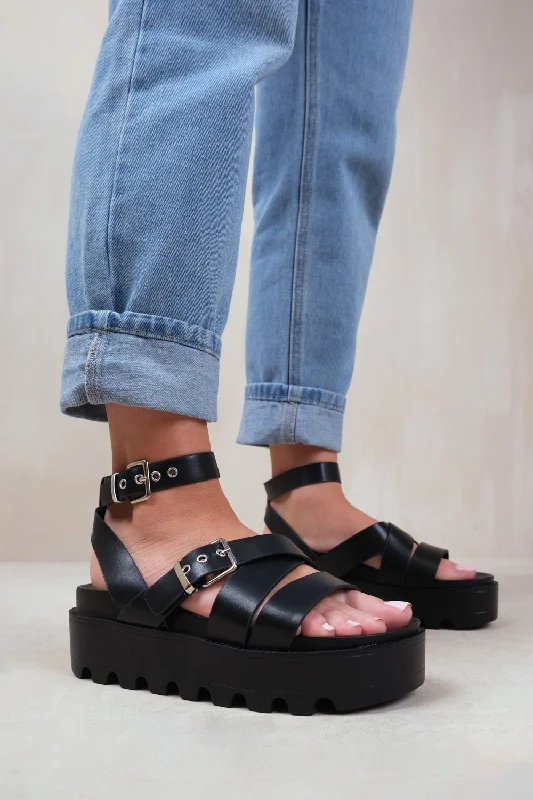 Printed Patterns LAYLA BUCKLE STRAP PLATFORM SANDALS IN BLACK FAUX LEATHER