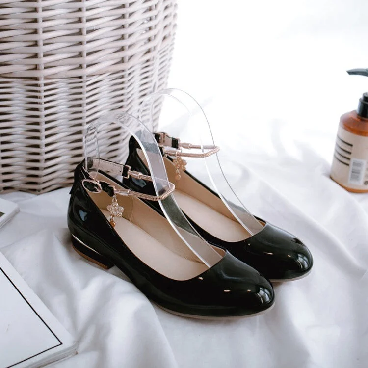 Fashion Pioneer Women's Glossy Round Toe Shallow Metal Ankle Strap Flat Pumps