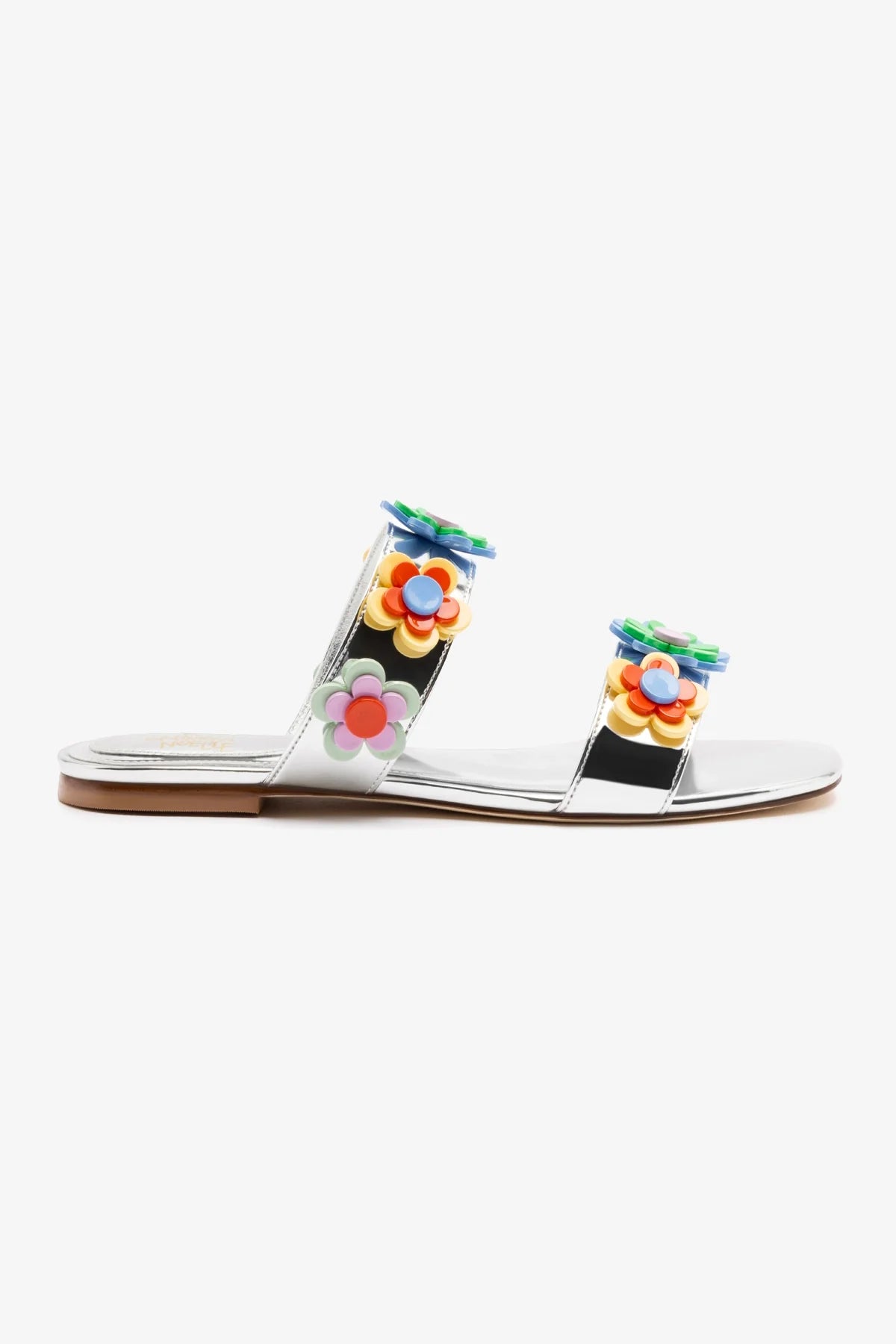 Luxury Fashion Larroudé x Gabriela Noelle: Blossom Flat Sandal In Silver Specchio and Multicolor Acrylic