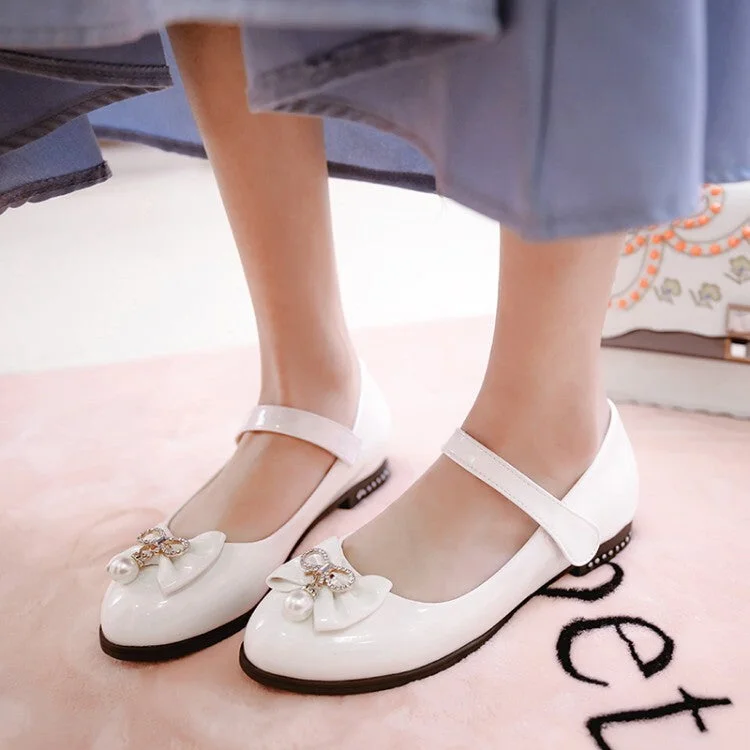 Fashion Design Women's Pearls Rhinestone Bow Tie Shallow Mary Janes Flat Pumps