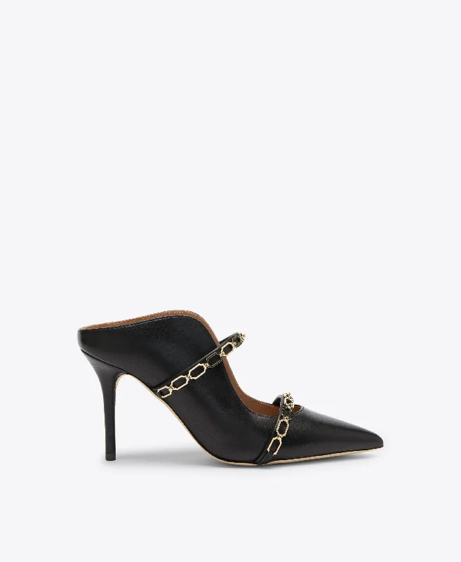 Exquisite Details Maureen 85 Black Leather Mules