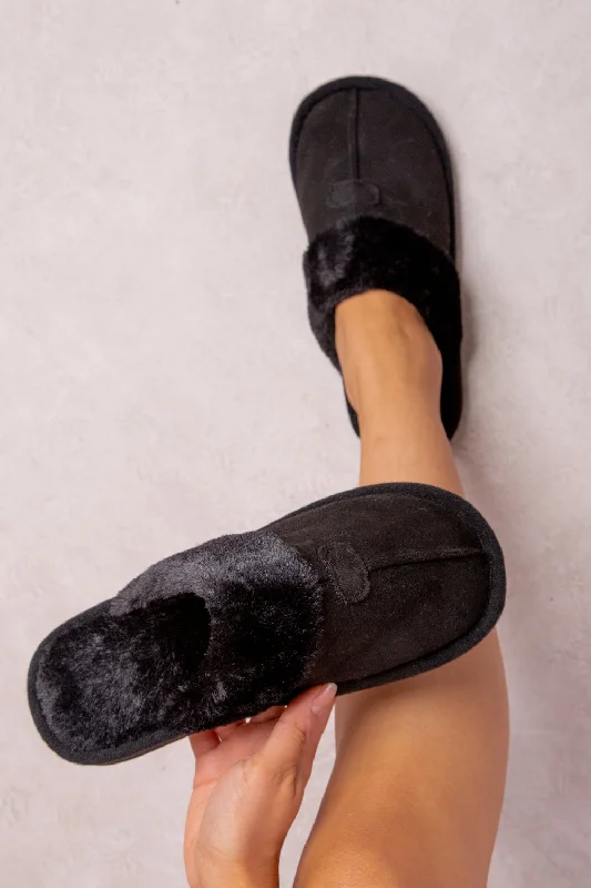 Fashion Selection FELICITY SLIP ON TEDDY FAUX FUR LINED SLIPPERS IN BLACK SUEDE