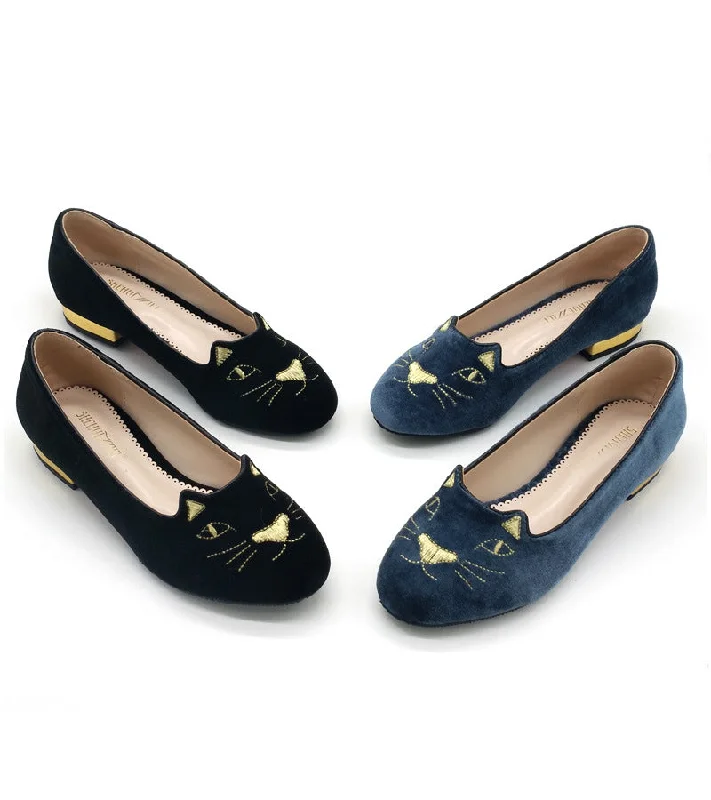 Classic Style Embroidery Cat Black Slip On Flats Shoes 1550